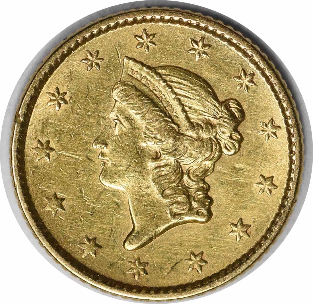 1853 Philadelphia $1 Gold Coin Type 1 AU Uncertified: 1853 Philadelphia $1 Gold Coin Type 1 AU Uncertified 1853 $1 Gold Type 1 coin with an AU slider grade and uncertified status. This pre-owned United States coin is circulated and struck in 90% gold and
