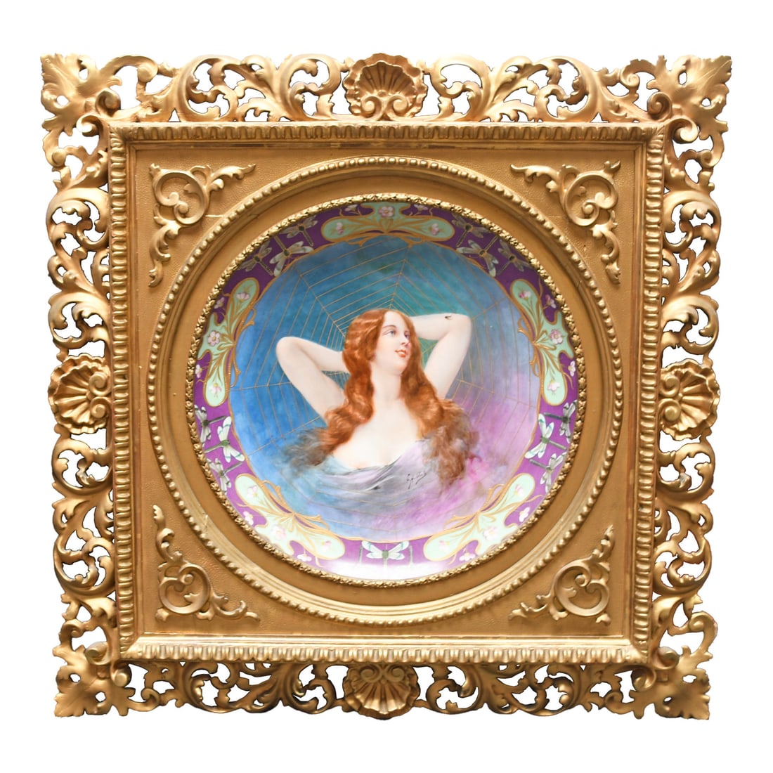 Framed German porcelain charger signed C.A. Stutz young maiden (1 of 2)