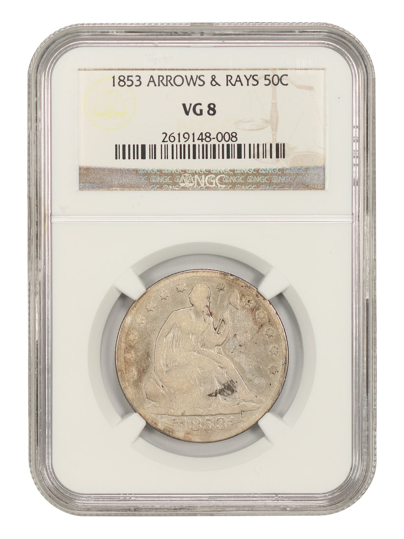 NGC VG08 1853 Liberty Seated Half Dollar Arrows and Rays 50C: NGC VG08 1853 Liberty Seated Half Dollar Arrows and Rays 50C 1853 Liberty Seated Half Dollar, 50C denomination, certified by NGC and graded VG08. This Philadelphia-minted circulated coin is the Arrows