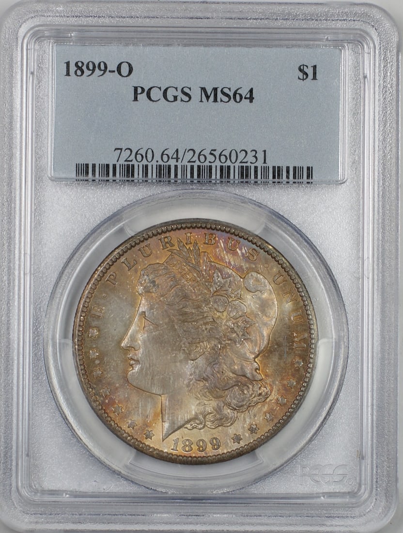 PCGS MS64 1899 O Morgan Silver Dollar Toned Uncirculated: PCGS MS64 1899 O Morgan Silver Dollar Toned Uncirculated 1899-O Morgan Silver Dollar $1 coin graded PCGS MS-64 with attractive toning on both the obverse and reverse. This uncirculated silver coin is 