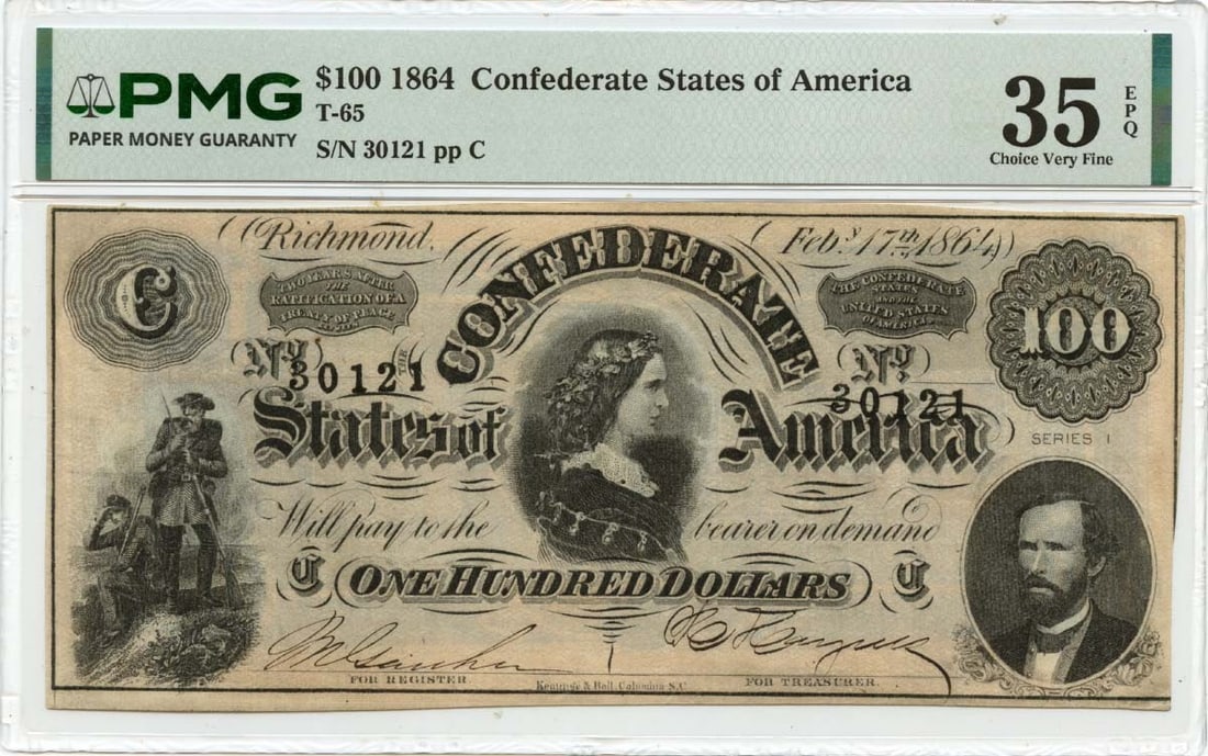 PMG VF35 EPQ 1864 Confederate States of America 100 Dollar Note T-65: PMG VF35 EPQ 1864 Confederate States of America 100 Dollar Note T-65 1864 Confederate States of America T-65 $100 note, graded PMG VF35 EPQ. This pre-owned note is listed as circulated and certified b