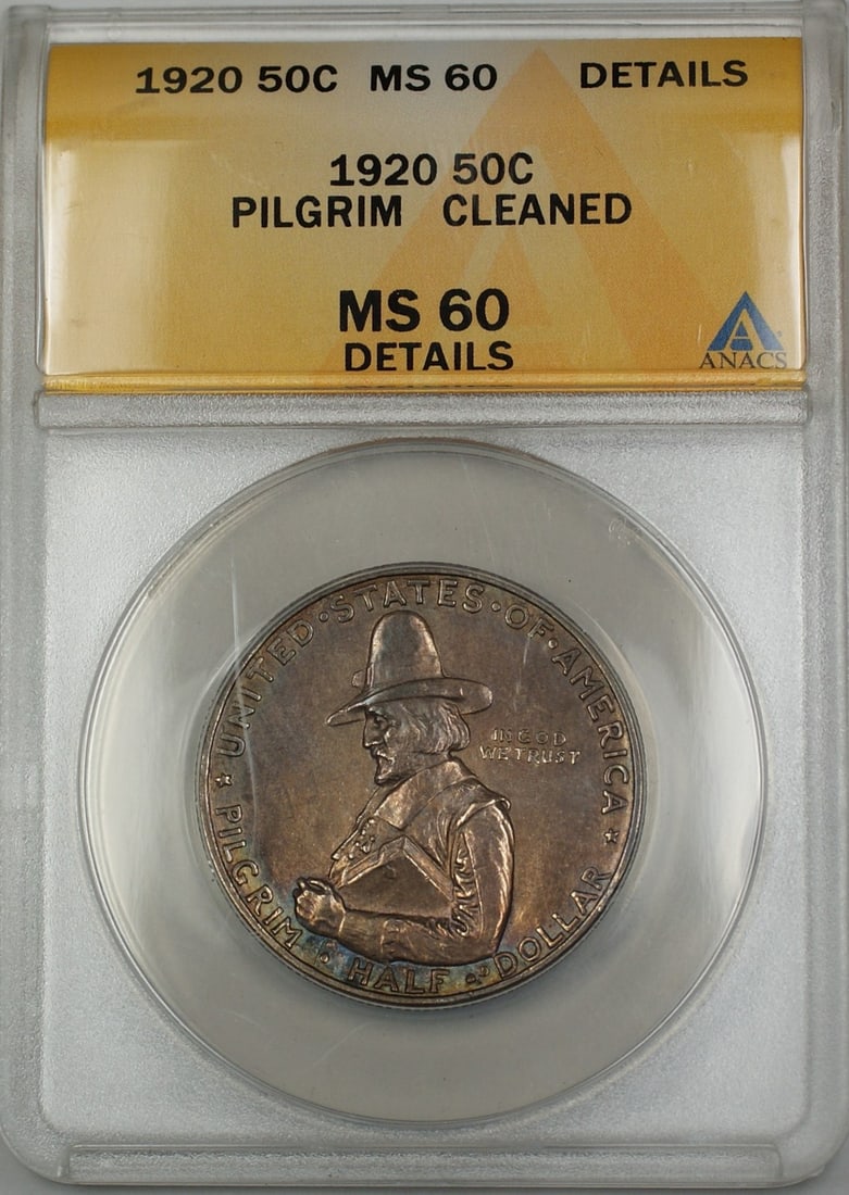 ANACS MS-60 Pilgrim 1920 Silver Half Dollar: ANACS MS-60 Pilgrim 1920 Silver Half Dollar This 1920 Pilgrim Commemorative Silver Half Dollar originates from the United States and has been graded by ANACS as MS 60 Details. The coin has been cleane