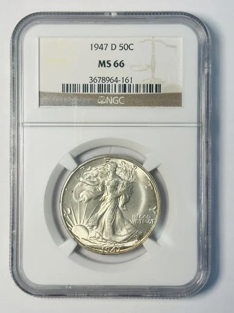 NGC MS-66 1947-D Silver Walking Liberty Half Dollar: NGC MS-66 1947-D Silver Walking Liberty Half Dollar This 1947 D Walking Liberty Half Dollar is certified by NGC with a grade of MS 66, indicating it is in uncirculated condition. Minted in Denver, thi