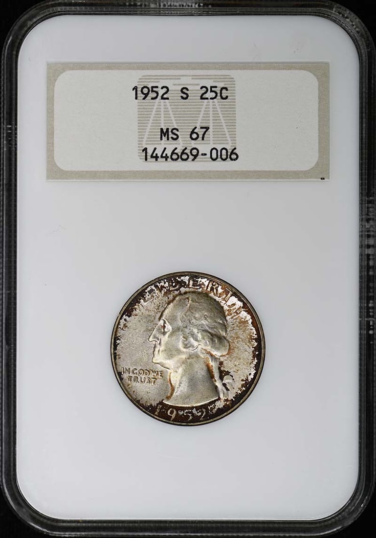 NGC MS67 1952 San Francisco Washington Quarter 25 Cent Coin: NGC MS67 1952 San Francisco Washington Quarter 25 Cent Coin This 1952-S Washington Quarter is certified by NGC with a grade of MS67, indicating it is in uncirculated condition. Minted in San Francisco