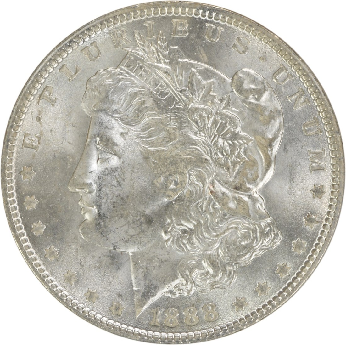 Choice BU 1888 Silver Morgan Dollar Uncertified Philadelphia Mint: Choice BU 1888 Silver Morgan Dollar Uncertified Philadelphia Mint This 1888 Morgan Silver Dollar is a Choice Brilliant Uncirculated (BU) coin. It is uncertified, with no mint mark, and is composed of 