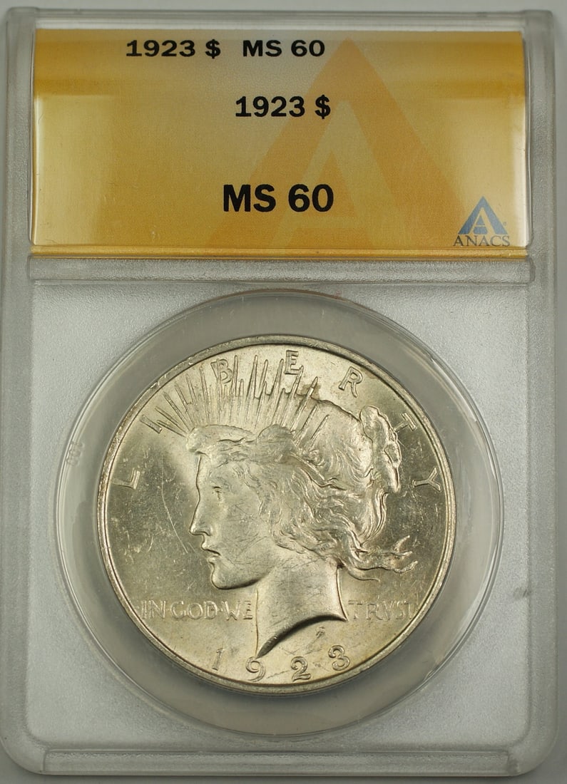 ANACS MS-60 1923 Peace Dollar Silver Uncirculated $1 Coin from Philadelphia: ANACS MS-60 1923 Peace Dollar Silver Uncirculated $1 Coin from Philadelphia This 1923 Silver Peace Dollar $1 coin has been graded MS-60 by ANACS. Uncirculated and composed of silver, this business str