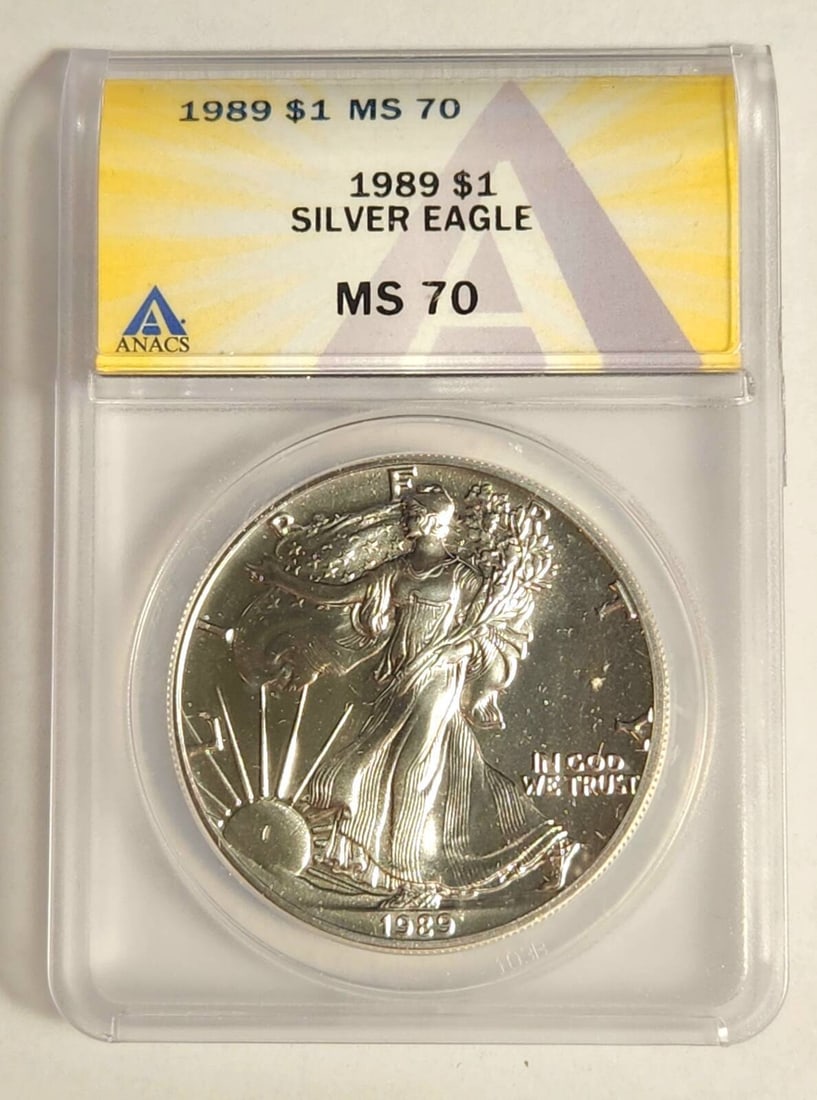 1989 Silver Eagle ANACS MS 70 Uncirculated Philadelphia Coin: 1989 Silver Eagle ANACS MS 70 Uncirculated Philadelphia Coin This 1989 Silver Eagle coin is certified by ANACS with a perfect grade of MS 70, indicating it is in uncirculated condition. Minted in Phil