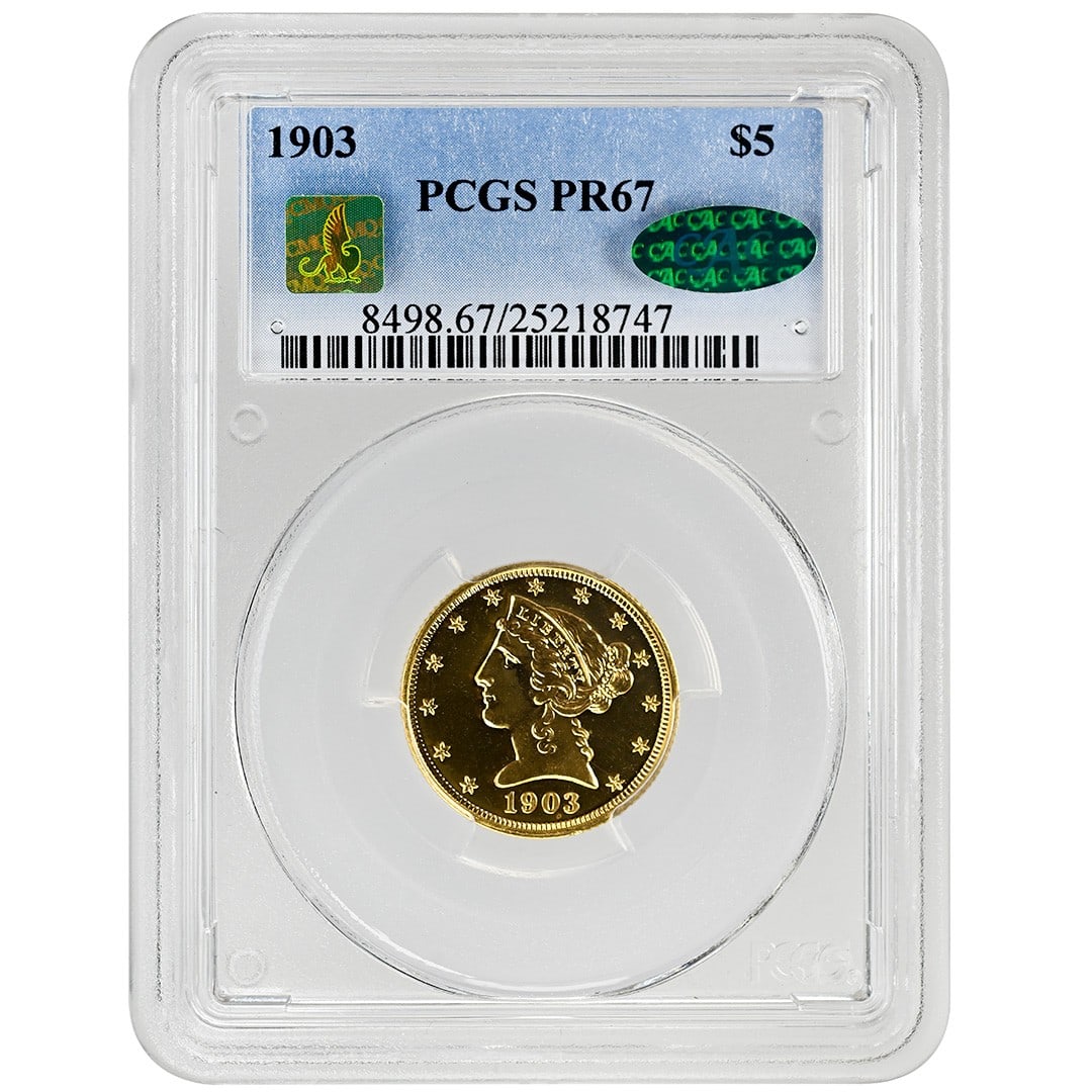 1903 Proof $5 Liberty Head Gold Coin PCGS PR67 CAC Eliasberg Pedigree: 1903 Proof $5 Liberty Head Gold Coin PCGS PR67 CAC Eliasberg Pedigree 1903 $5 Liberty Head proof gold coin certified by PCGS and CAC, graded PR67. This uncirculated example carries the Eliasberg pedig