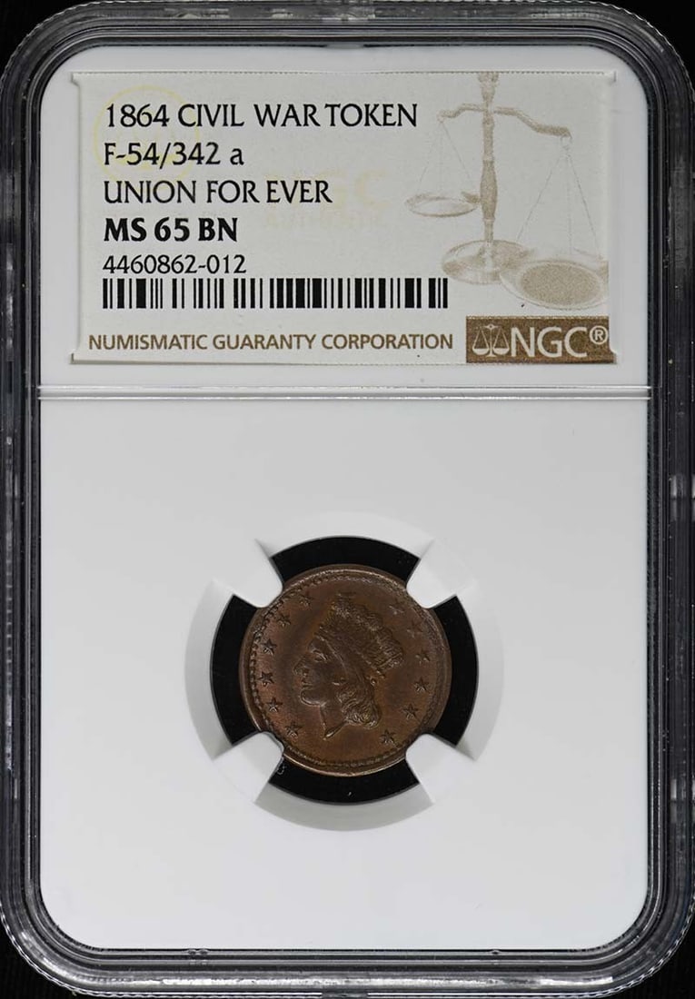 1864 Civil War Token F-54 342a NGC MS65BN: 1864 Civil War Token F-54 342a NGC MS65BN 1864 Civil War token graded MS65 by NGC. This pre-owned example is listed as uncirculated and identified as F-54/342. Specifications Item Type: Civil War toke