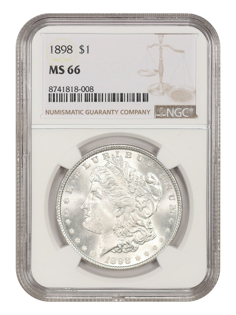 NGC MS66 1898 Morgan Silver Dollar $1 Philadelphia: NGC MS66 1898 Morgan Silver Dollar $1 Philadelphia 1898 Morgan Dollar certified by NGC in MS66. This uncirculated example is a popular collector date and is described as a common date in the Morgan do
