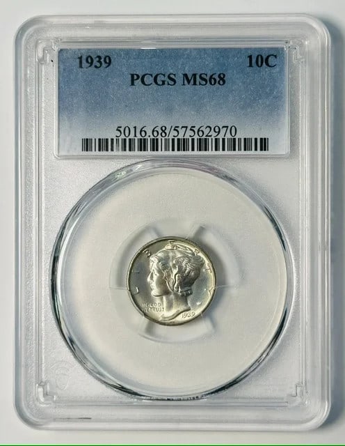 PCGS MS-68 1939 Philadelphia Mercury Silver Dime: PCGS MS-68 1939 Philadelphia Mercury Silver Dime 1939 Mercury dime graded MS 68 by PCGS. This pre-owned coin is composed of silver and carries the 10C denomination. Specifications Item Type: Mercury d