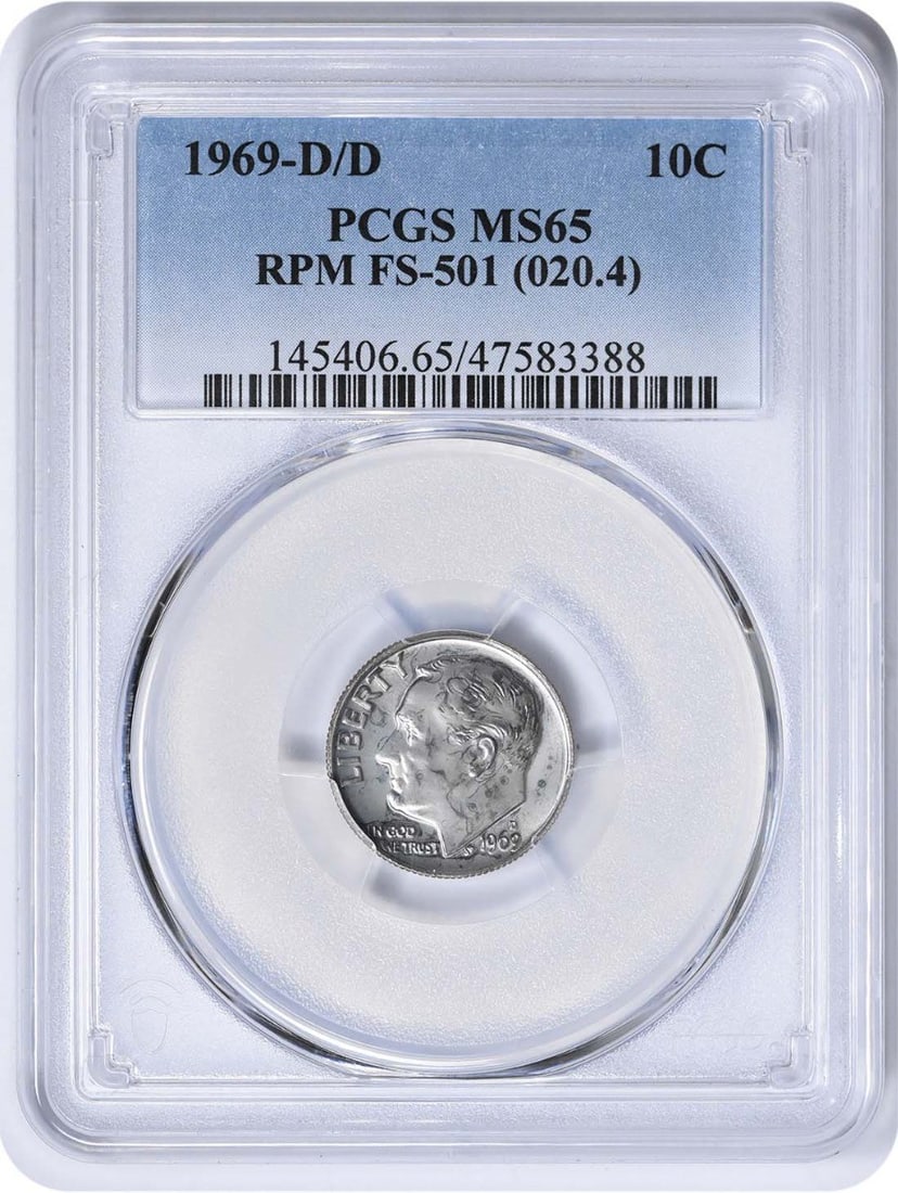 1969-D/D Roosevelt Dime MS65 PCGS Uncirculated Denver Mint: 1969-D/D Roosevelt Dime MS65 PCGS Uncirculated Denver Mint This 1969-D/D Roosevelt Dime is a remarkable collector's item, certified by PCGS with a grade of MS65. The coin is uncirculated, showcasing t