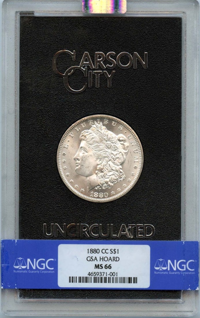 NGC MS66 1880 Carson City Morgan Dollar from GSA Hoard: NGC MS66 1880 Carson City Morgan Dollar from GSA Hoard This is an 1880-CC Morgan Dollar from the GSA Hoard, graded MS66 by NGC. The coin is uncirculated and features the Carson City mint mark. It is a