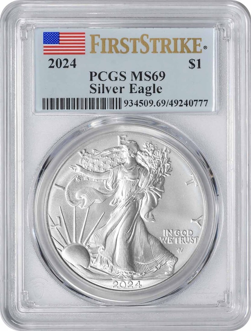 MS69 PCGS First Strike 2024 Silver American Eagle One Ounce Bullion Coin: MS69 PCGS First Strike 2024 Silver American Eagle One Ounce Bullion Coin This 2024 $1 American Silver Eagle coin is graded MS69 by PCGS and designated as a First Strike. Struck by the U.S. Mint at Wes