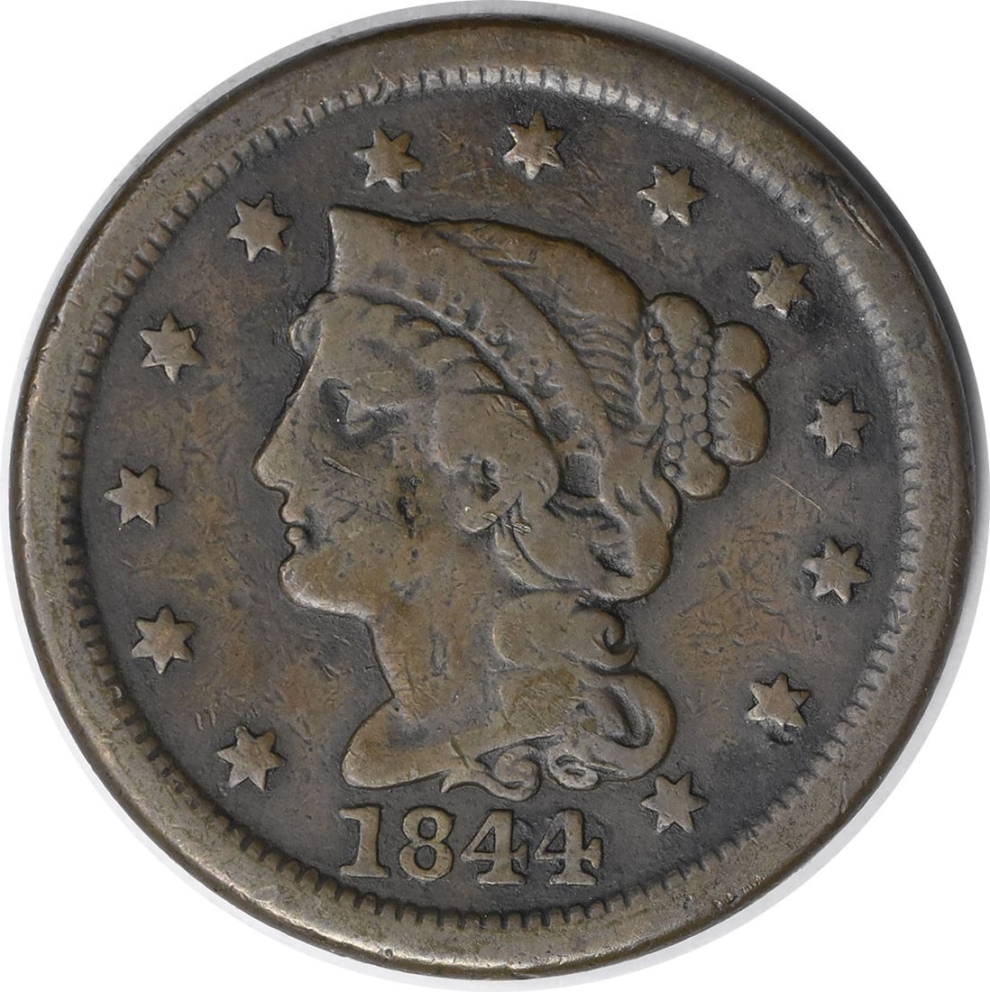 1844 Philadelphia Large Cent Copper Braided Hair Coin F Uncertified: 1844 Philadelphia Large Cent Copper Braided Hair Coin F Uncertified This 1844 Large Cent features the Braided Hair design by Christian Gobrecht, showcasing a rich history as a circulated coin. Minted 