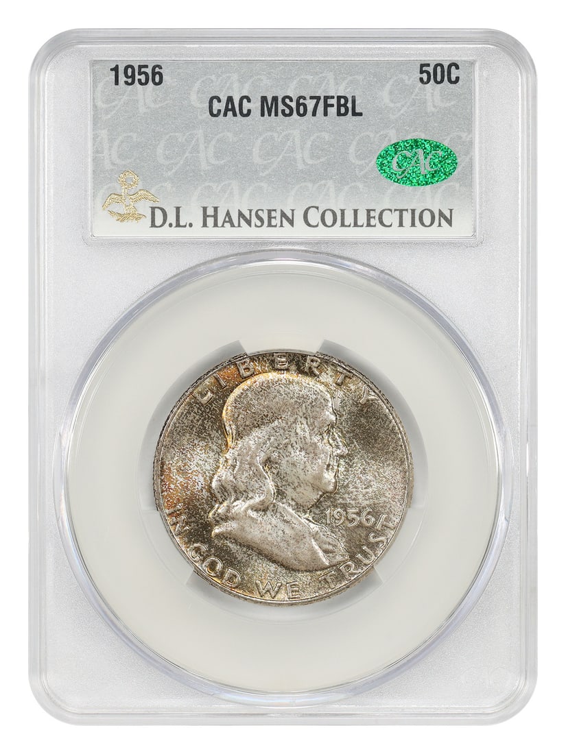 CACG MS67FBL 1956 Franklin Half Dollar 50C ex D.L. Hansen: CACG MS67FBL 1956 Franklin Half Dollar 50C ex D.L. Hansen 1956 Franklin Half Dollar certified by CACG as MS67FBL. This uncirculated coin is described as having perfectly preserved, unbroken mint luste