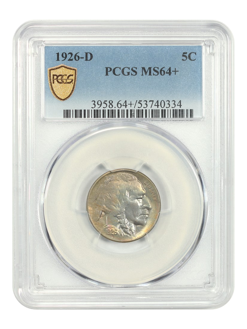 PCGS MS64+ 1926-D Buffalo Nickel 5C Uncirculated: PCGS MS64+ 1926-D Buffalo Nickel 5C Uncirculated 1926-D Buffalo Nickel certified by PCGS as MS64+. This uncirculated coin is described as a lustrous near gem with a lovely off-center target of rainbow