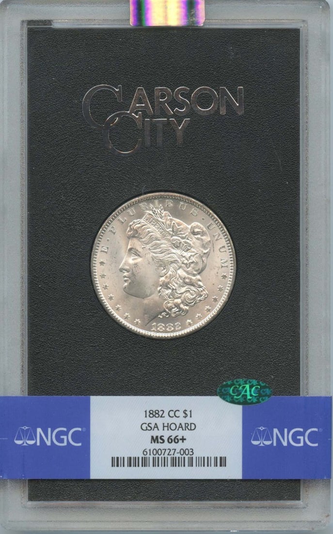NGC MS66 Plus 1882 Carson City Morgan Silver Dollar GSA Hoard CAC: NGC MS66 Plus 1882 Carson City Morgan Silver Dollar GSA Hoard CAC This is an 1882-CC Morgan Dollar from the GSA Hoard, certified by NGC with an MS66+ grade and CAC approval. Struck at the Carson City 