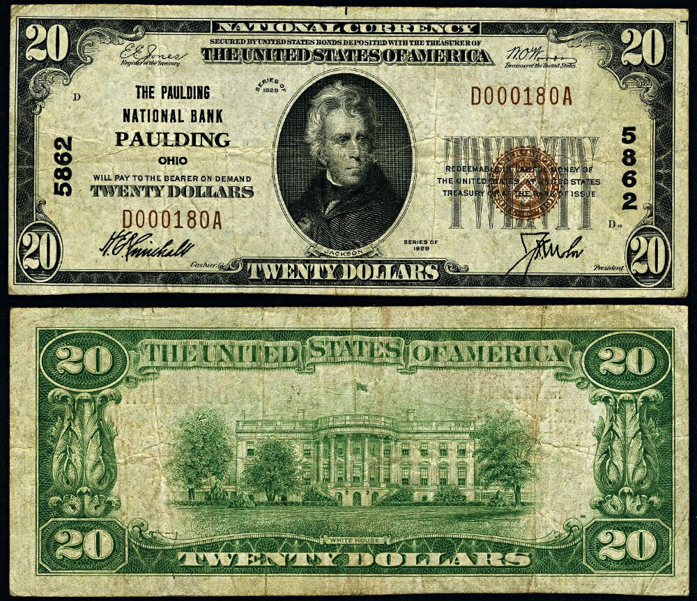 Paulding Ohio 1929 T-1 $20 National Bank Note Ch #5862 Circulated: Paulding Ohio 1929 T-1 $20 National Bank Note Ch #5862 Circulated This 1929 T-1 National Bank Note from Paulding, Ohio is a remarkable collectible featuring a denomination of $20. Graded as Fine+, thi