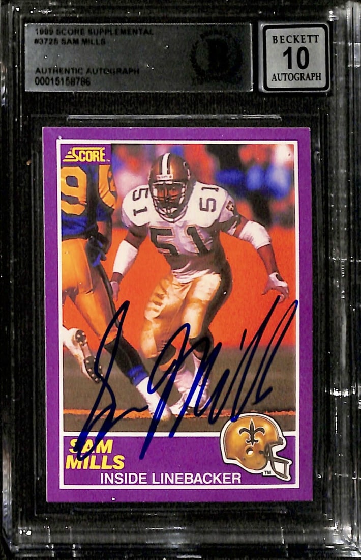 1989 Score Supplemental Sam Mills Signed NFL Card Beckett 10: 1989 Score Supplemental Sam Mills Signed NFL Card Beckett 10 This rare sports trading card features the autograph of Sam Mills, an NFL Hall of Famer known for his outstanding career with the New Orlea