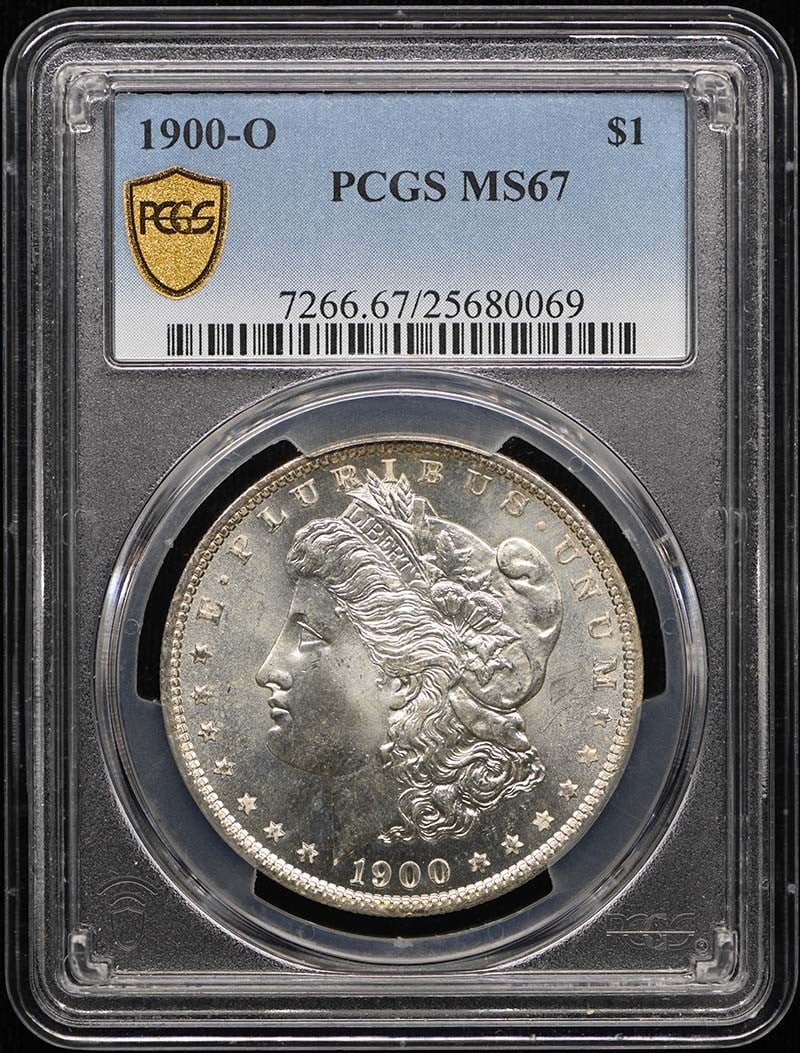 PCGS MS67 1900 O Morgan Silver Dollar $1: PCGS MS67 1900 O Morgan Silver Dollar $1 1900-O Morgan Dollar certified by PCGS and graded MS67. This uncirculated United States silver dollar is a pre-owned example from the New Orleans Mint. Specifi