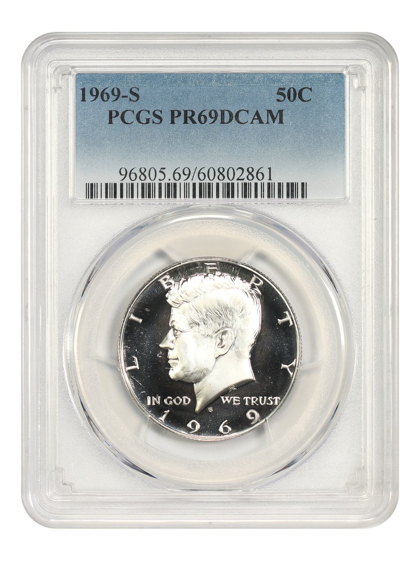 Kennedy Half Dollar 1969 S 50C PCGS PR69DCAM: Kennedy Half Dollar 1969 S 50C PCGS PR69DCAM 1969-S Kennedy Half Dollar 50C in uncirculated condition, certified by PCGS as PR69DCAM. The coin is identified as from the San Francisco mint and is pre-o