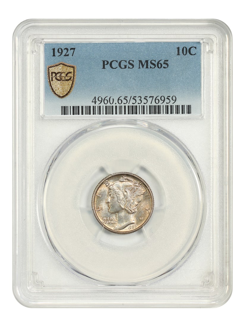 PCGS MS65 1927 Mercury Dime 10C Philadelphia: PCGS MS65 1927 Mercury Dime 10C Philadelphia 1927 Mercury Dime certified by PCGS in MS65 grade. This pre-owned coin is an uncirculated example from the Philadelphia Mint. Specifications Denomination: 