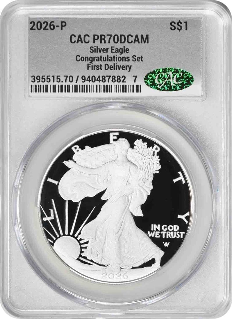 CACG PR70DCAM 2026 P Silver Eagle Congratulations Set: CACG PR70DCAM 2026 P Silver Eagle Congratulations Set This 2026-P $1 American Silver Eagle from the Congratulations Set is a proof coin graded PR70DCAM by CACG. Struck at the Philadelphia Mint, it con