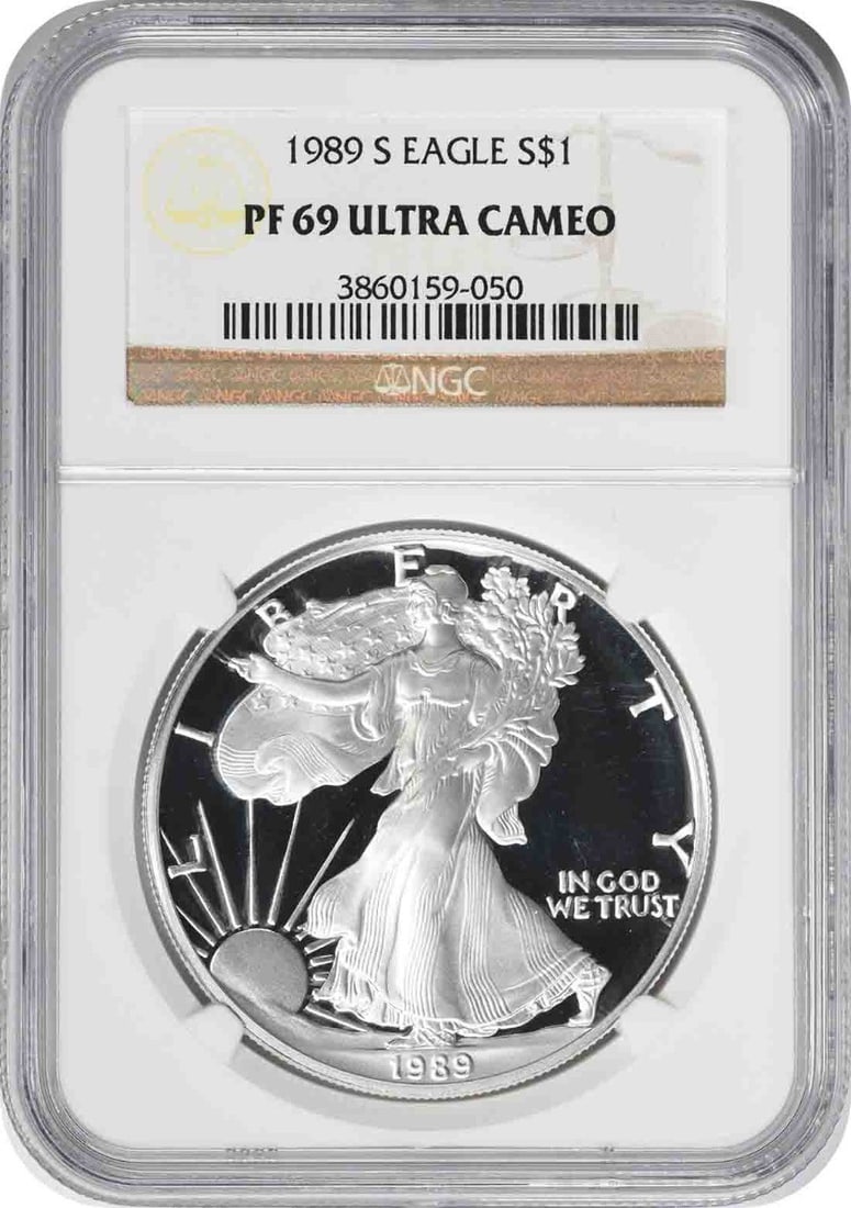 NGC PF69UCAM 1989 S American Silver Eagle Proof Dollar: NGC PF69UCAM 1989 S American Silver Eagle Proof Dollar 1989-S American Silver Eagle proof dollar certified by NGC with a PF69 Ultra Cameo grade. This pre-owned coin contains 1 oz of silver and was str