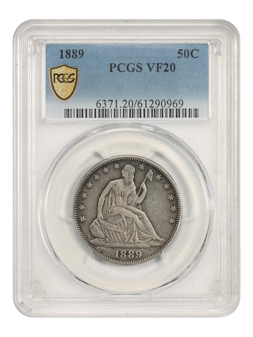 PCGS VF20 1889 Liberty Seated Half Dollar 50C Philadelphia: PCGS VF20 1889 Liberty Seated Half Dollar 50C Philadelphia 1889 Liberty Seated Half Dollar, denomination 50C, struck at the Philadelphia Mint and certified by PCGS as VF20. This circulated coin is des
