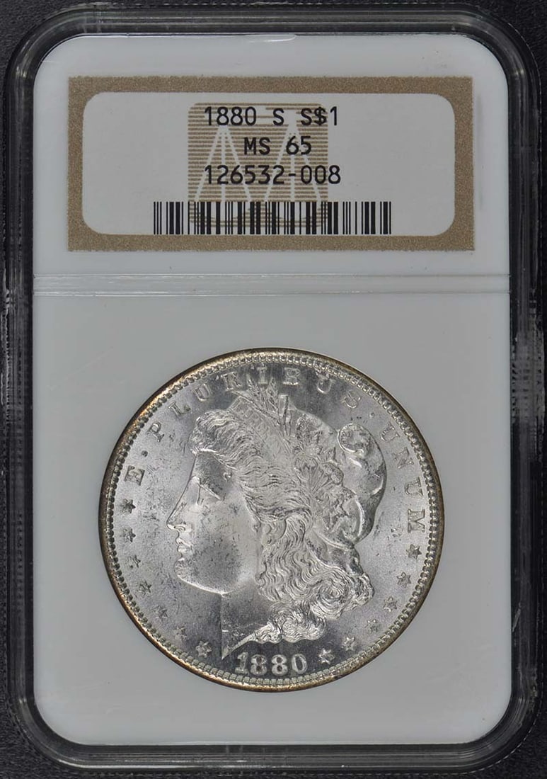 1880-S Morgan Dollar NGC MS65 Uncirculated San Francisco Coin: 1880-S Morgan Dollar NGC MS65 Uncirculated San Francisco Coin This 1880-S Morgan Dollar is an uncirculated coin certified by NGC with a grade of MS65. Minted in San Francisco, this coin showcases the 