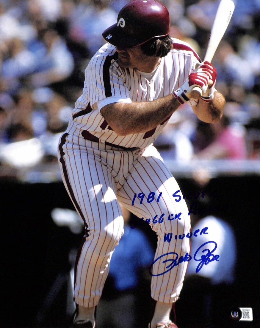 Pete Rose Signed 11x14 Photo Inscribed Silver Slugger Beckett Certified: Pete Rose Signed 11x14 Photo Inscribed Silver Slugger Beckett Certified This stunning 11x14 photograph features Pete Rose, a legendary baseball player, capturing his moment of glory as he holds the Si