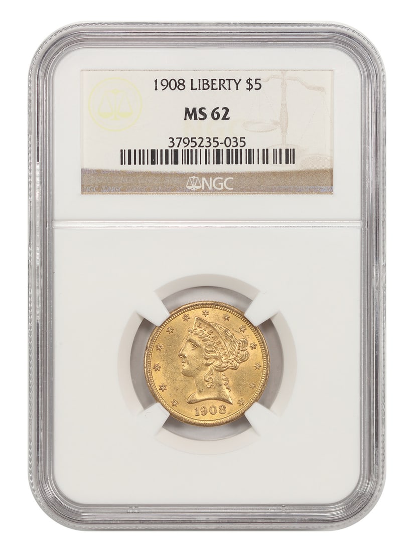 NGC MS62 1908 Liberty Head $5 Gold Coin: NGC MS62 1908 Liberty Head $5 Gold Coin 1908 Liberty Head $5 gold coin certified by NGC in MS62 grade. This pre-owned example was struck in Philadelphia and is listed as uncirculated. Specifications D