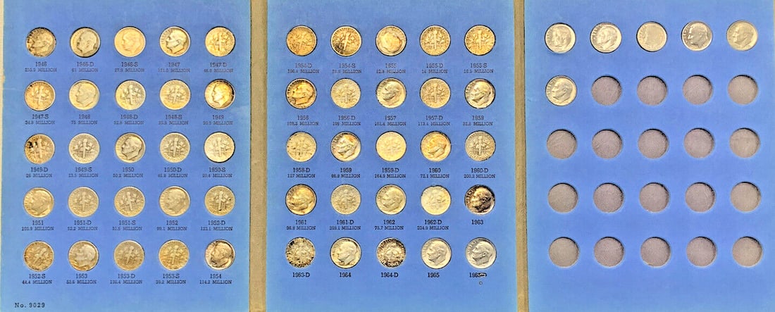 Roosevelt Dimes 1946-1970 Silver Clad Set in Whitman Folder: Roosevelt Dimes 1946-1970 Silver Clad Set in Whitman Folder This is a Roosevelt Silver/Clad Dime Set from 1946 to 1970, housed in a Whitman coin folder. The set features circulated dimes from the Unit