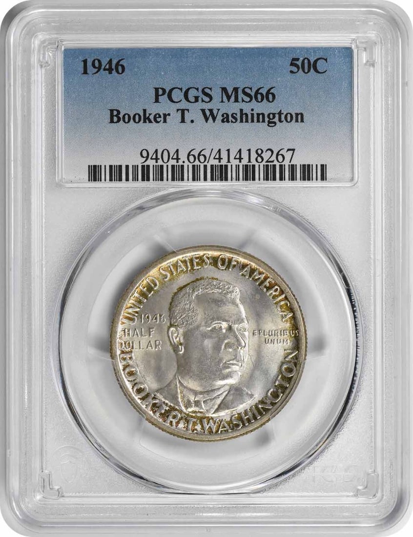 1946 PCGS MS66 Booker T Washington Silver Commemorative Half Dollar: 1946 PCGS MS66 Booker T Washington Silver Commemorative Half Dollar This 1946 Washington (Booker T.) Silver Commemorative Half Dollar is a remarkable piece of numismatic history, featuring a high grad