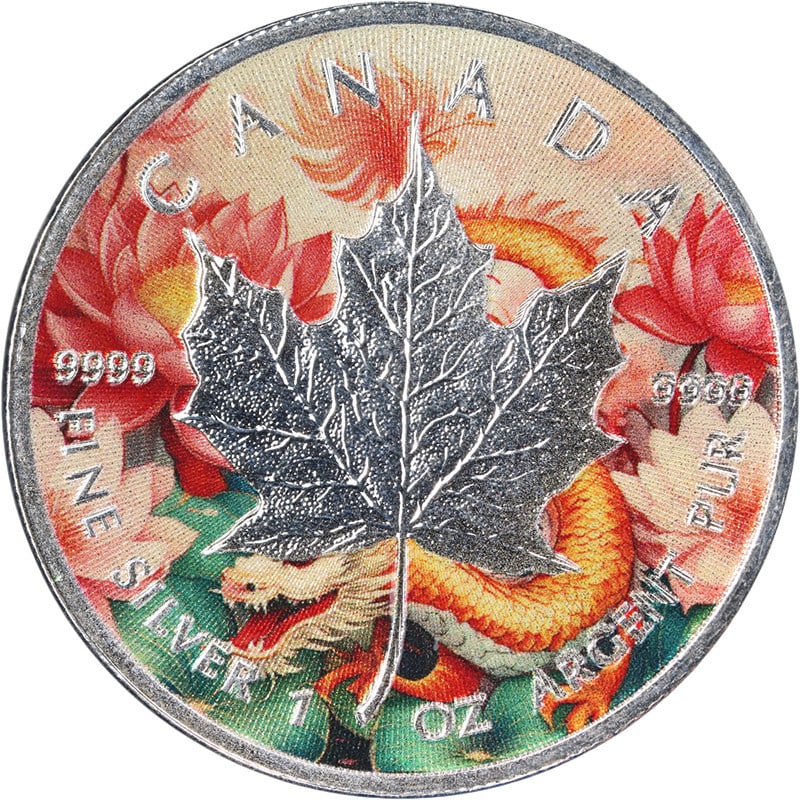 Colorized 2024 Canada Maple Leaf $5 1 Ounce Silver Year of the Dragon: Colorized 2024 Canada Maple Leaf $5 1 Ounce Silver Year of the Dragon Original 2024 Canada 1 ounce silver $5 Maple Leaf Year of the Dragon colorized coin. Both sides are colorized to celebrate the Yea