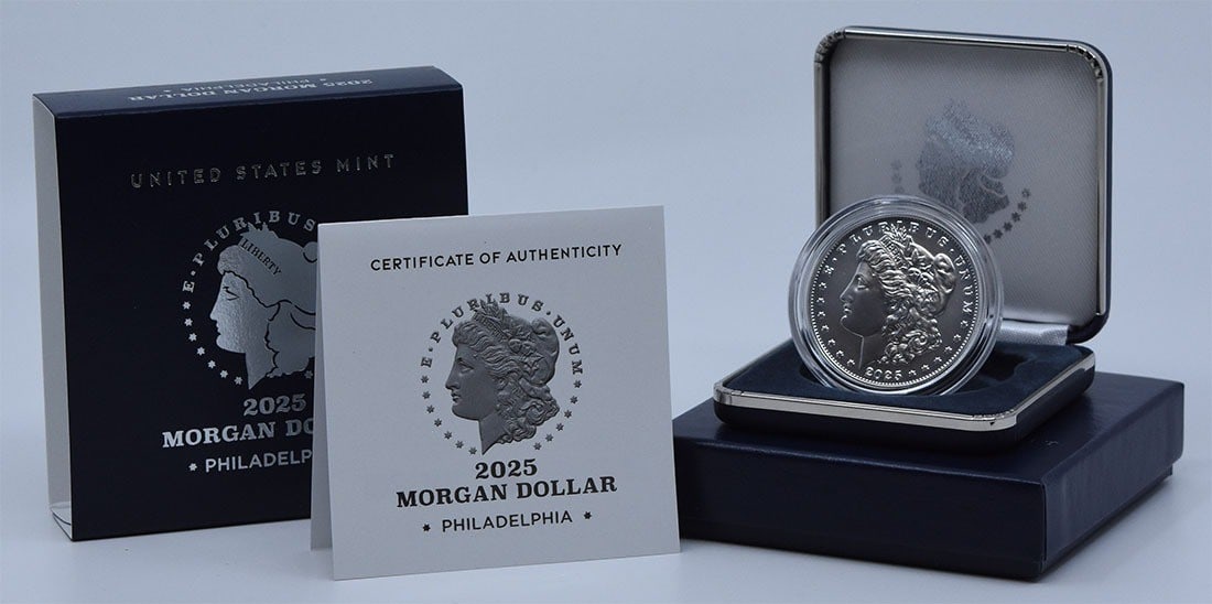 Uncirculated 2025 Morgan Silver Dollar with Government Packaging: Uncirculated 2025 Morgan Silver Dollar with Government Packaging 2025 Morgan Silver Dollar presented in original government packaging. This uncirculated silver $1 coin is uncertified and offered as a 