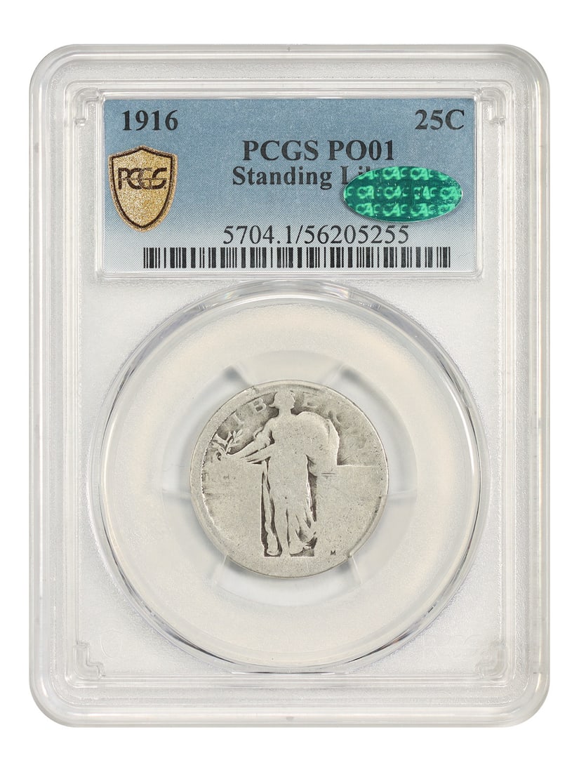PCGS CAC 1916 Standing Liberty Quarter 25C Poor 01: PCGS CAC 1916 Standing Liberty Quarter 25C Poor 01 1916 Standing Liberty Quarter, denomination 25C, certified by PCGS and CAC. Struck at the 11th hour of 1916, leaving its population of 52,000 one of 