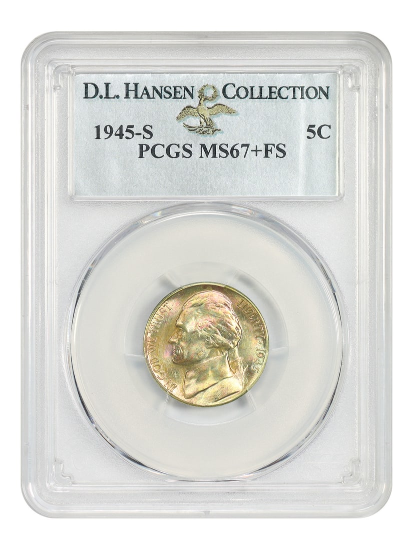 PCGS MS67+FS 1945-S Jefferson Nickel ex D.L. Hansen: PCGS MS67+FS 1945-S Jefferson Nickel ex D.L. Hansen 1945-S Jefferson Nickel certified by PCGS as MS67+FS. This uncirculated example is noted as ex: D.L. Hansen and displays neon pink and green toning.