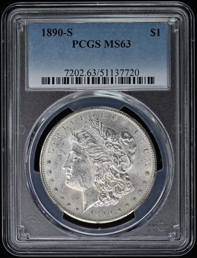 1890-S Morgan Dollar Uncirculated PCGS MS63 San Francisco: 1890-S Morgan Dollar Uncirculated PCGS MS63 San Francisco This 1890-S Morgan Dollar is a stunning piece of numismatic history. Graded MS63 by PCGS, it signifies an uncirculated coin that has maintaine