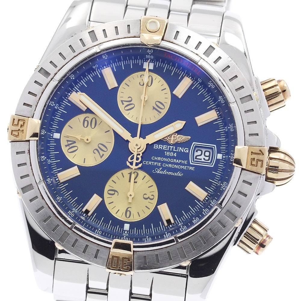 Breitling Chronomat Evolution B13356 Mens Automatic Date Chronograph Watch: Breitling Chronomat Evolution B13356 Mens Automatic Date Chronograph Watch Pre-owned Breitling Chronomat Evolution men's wristwatch with automatic movement and a blue and gold dial. This watch feature