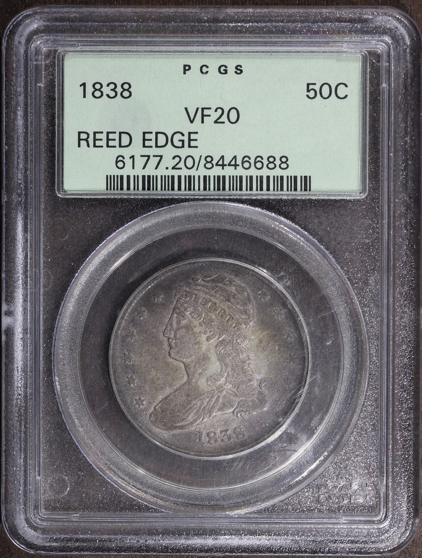 1838 Capped Bust Half Dollar Silver PCGS VF20 Reeded Edge: 1838 Capped Bust Half Dollar Silver PCGS VF20 Reeded Edge This 1838 Capped Bust Half Dollar features the reeded edge variety and has been graded VF 20 by PCGS. Struck in silver at the Philadelphia Min