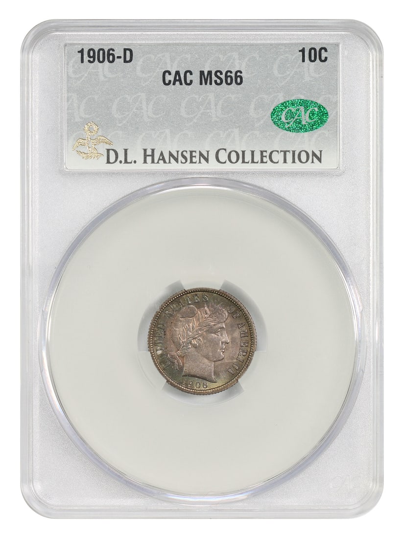 Barber Dime 1906-D 10C MS66 CACG ex D.L. Hansen: Barber Dime 1906-D 10C MS66 CACG ex D.L. Hansen 1906-D Barber Dime graded CACG MS66 and pedigreed ex: D.L. Hansen. This uncirculated Denver Mint example comes from a mintage of more than 4 million coi