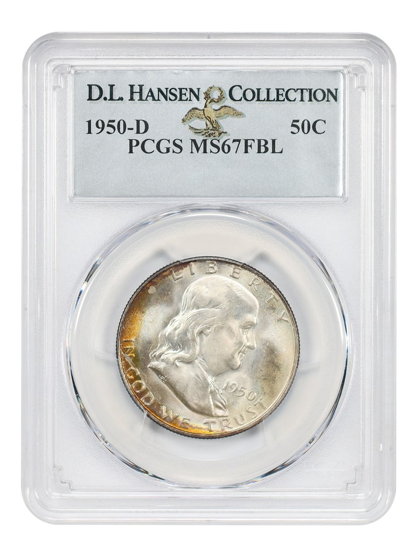 Franklin Half Dollar 1950-D 50C PCGS MS67FBL: Franklin Half Dollar 1950-D 50C PCGS MS67FBL 1950-D Franklin Half Dollar certified by PCGS as MS67FBL. This uncirculated example has strong striking detail, soft original color with a crescent of oran
