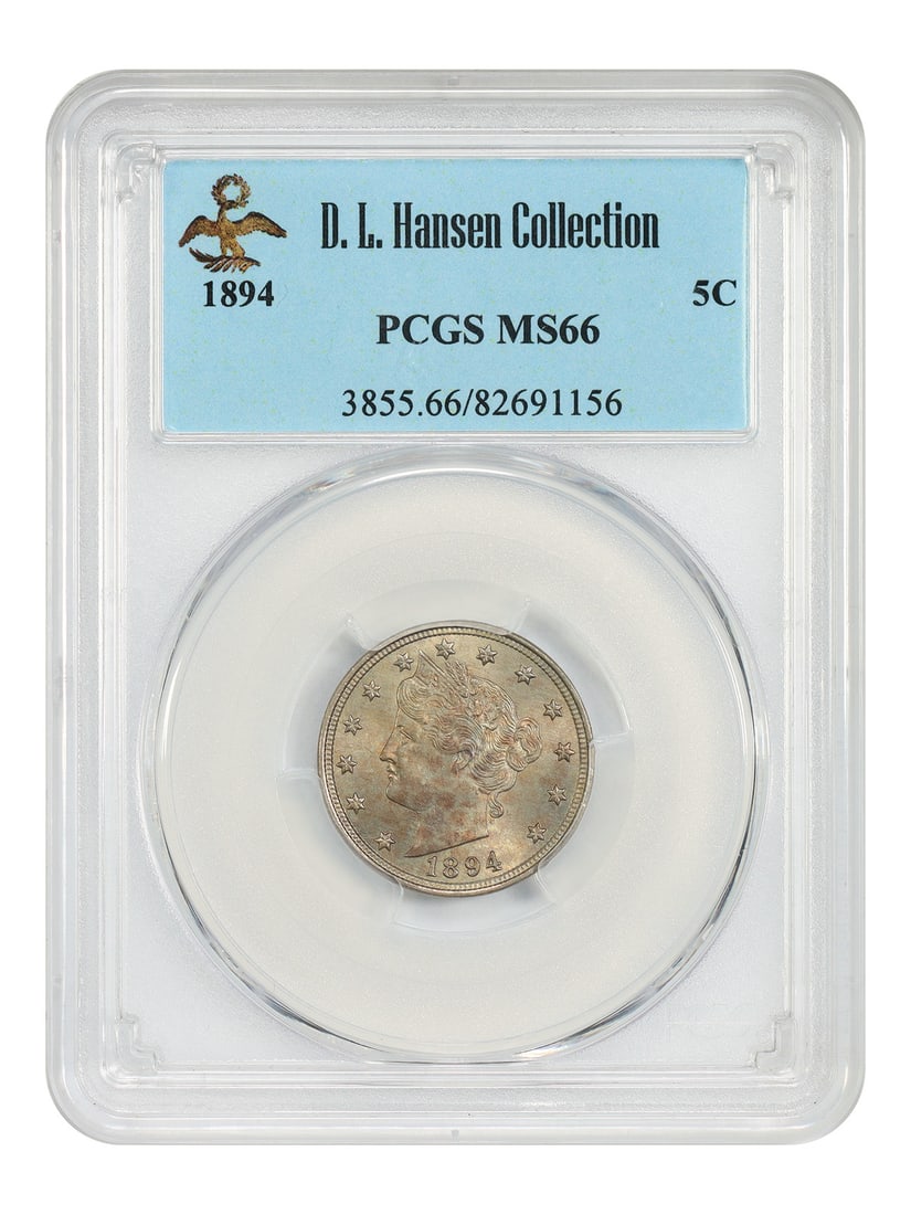 1894 Liberty Nickel 5C PCGS MS66 Philadelphia Issue: 1894 Liberty Nickel 5C PCGS MS66 Philadelphia Issue 1894 Liberty Nickel certified by PCGS in MS66. This uncirculated example is noted as ex: D.L. Hansen and shows fully original envelope toning with m