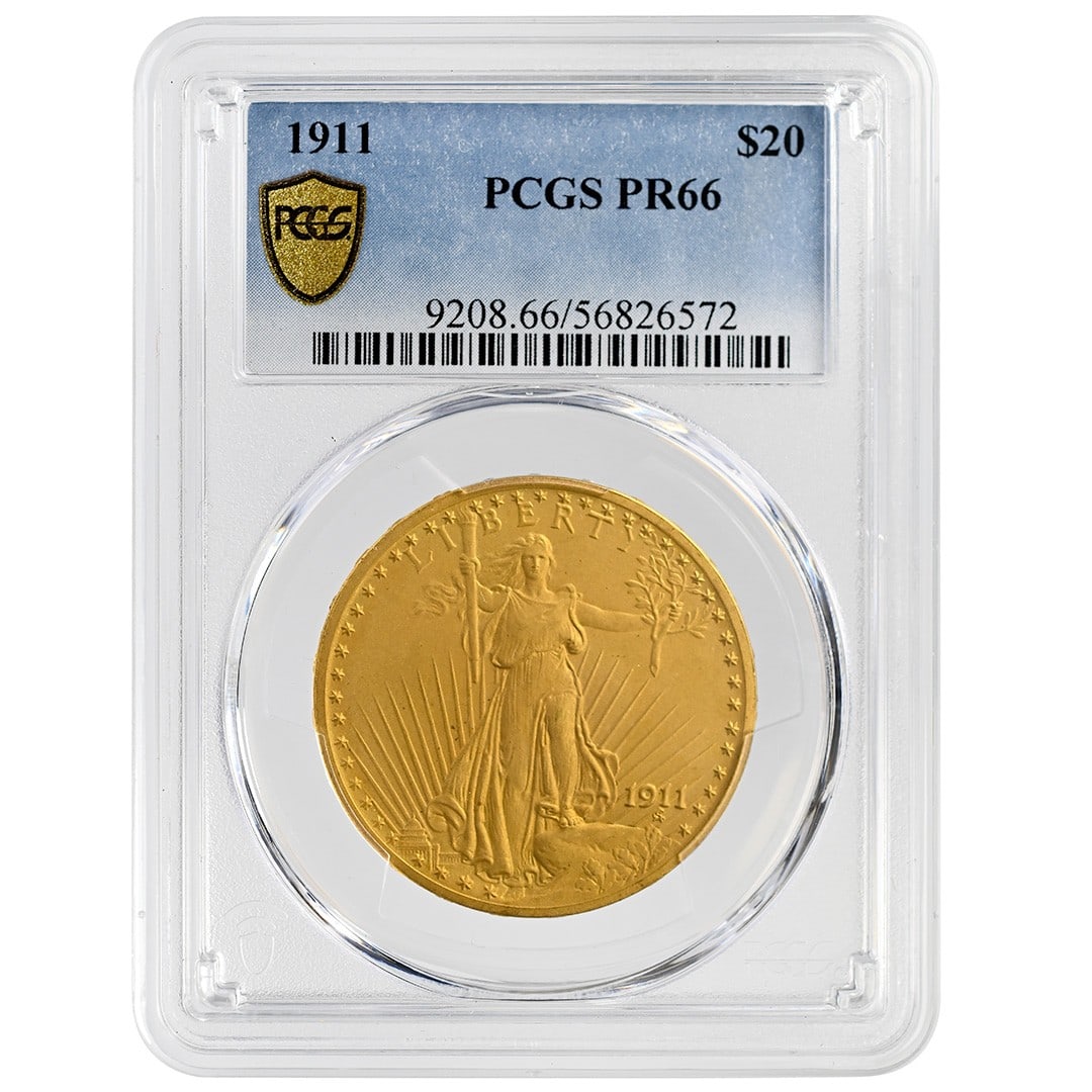 1911 St Gaudens $20 Gold Proof PCGS PR66: 1911 St Gaudens $20 Gold Proof PCGS PR66 This 1911 $20 St. Gaudens gold coin is a rare proof issue, graded PR66 by PCGS. Originating from the Philadelphia Mint, it features the Type 3 design with the 