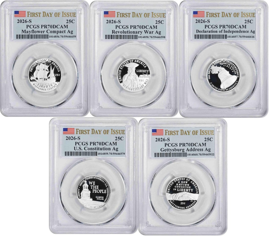 PCGS PR70DCAM First Day of Issue 2026 S Silver Proof Quarter Set (1 of 2)