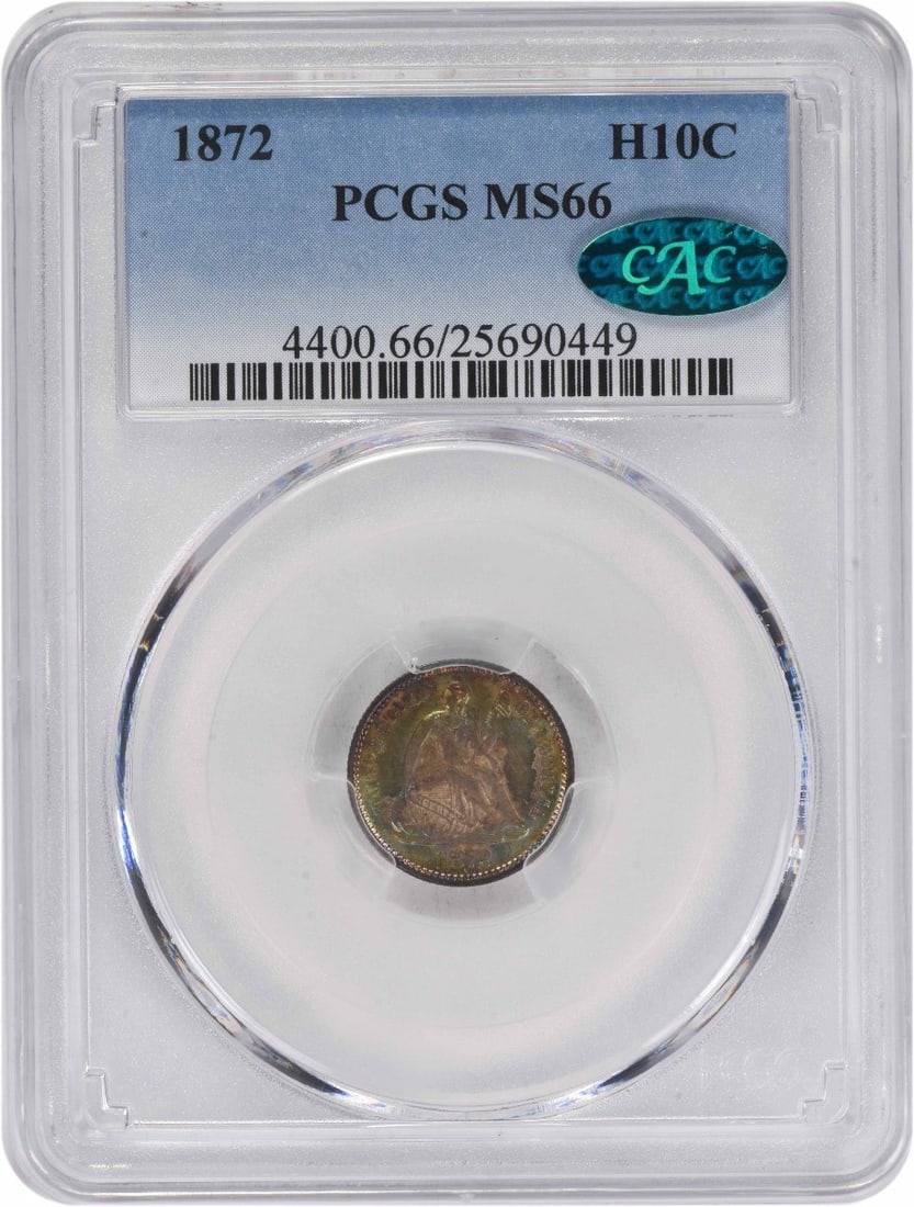 PCGS CAC MS66 1872 Seated Half Dime 90% Silver Philadelphia: PCGS CAC MS66 1872 Seated Half Dime 90% Silver Philadelphia This 1872 Liberty Seated Silver Half Dime has been professionally graded MS66 by PCGS and is CAC approved. Struck in Philadelphia, this unci