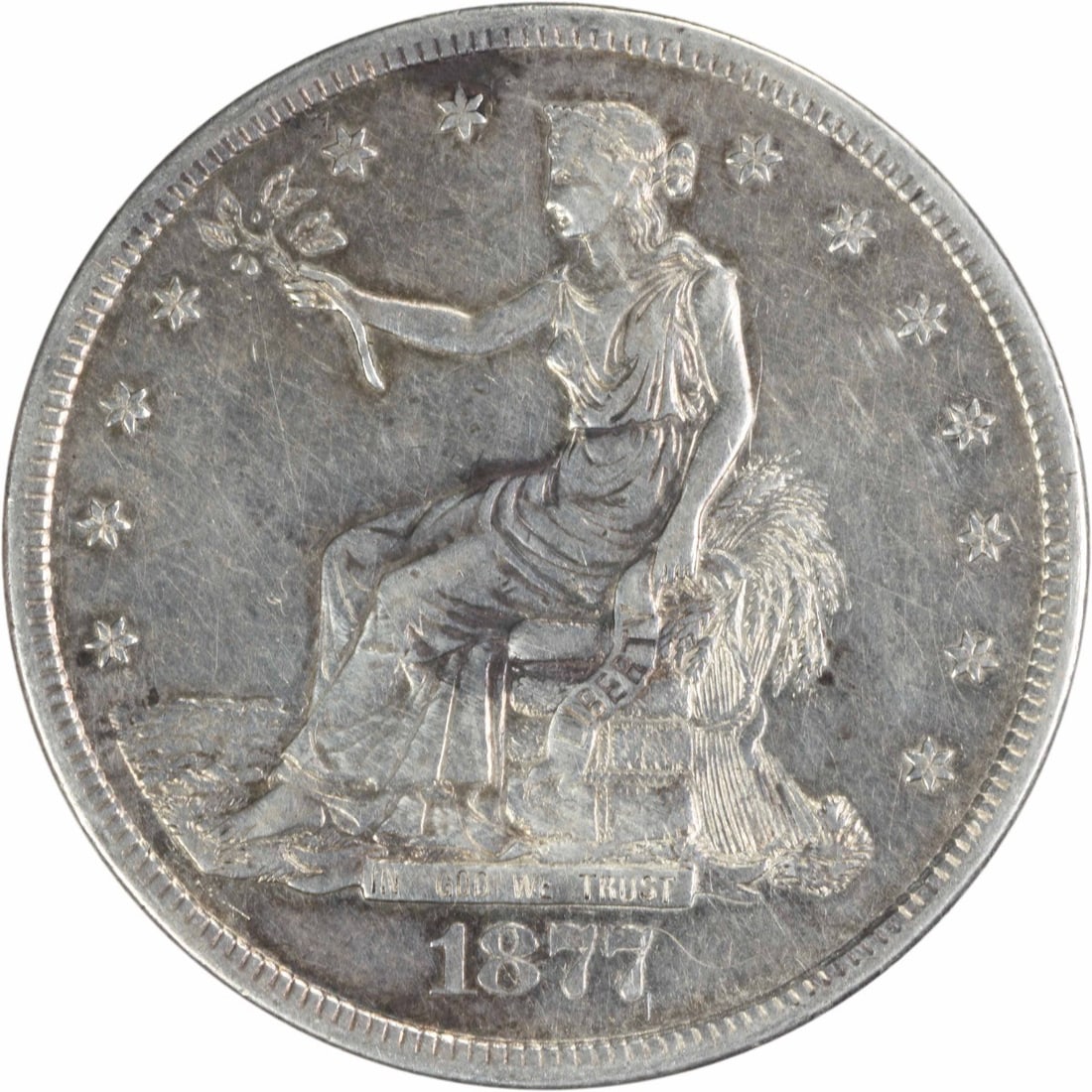 1877 San Francisco Trade Dollar $1 EF Uncertified Silver Coin: 1877 San Francisco Trade Dollar $1 EF Uncertified Silver Coin An 1877-S Trade Silver Dollar in EF grade, uncertified and circulated. This United States coin has a denomination of $1, was designed by W