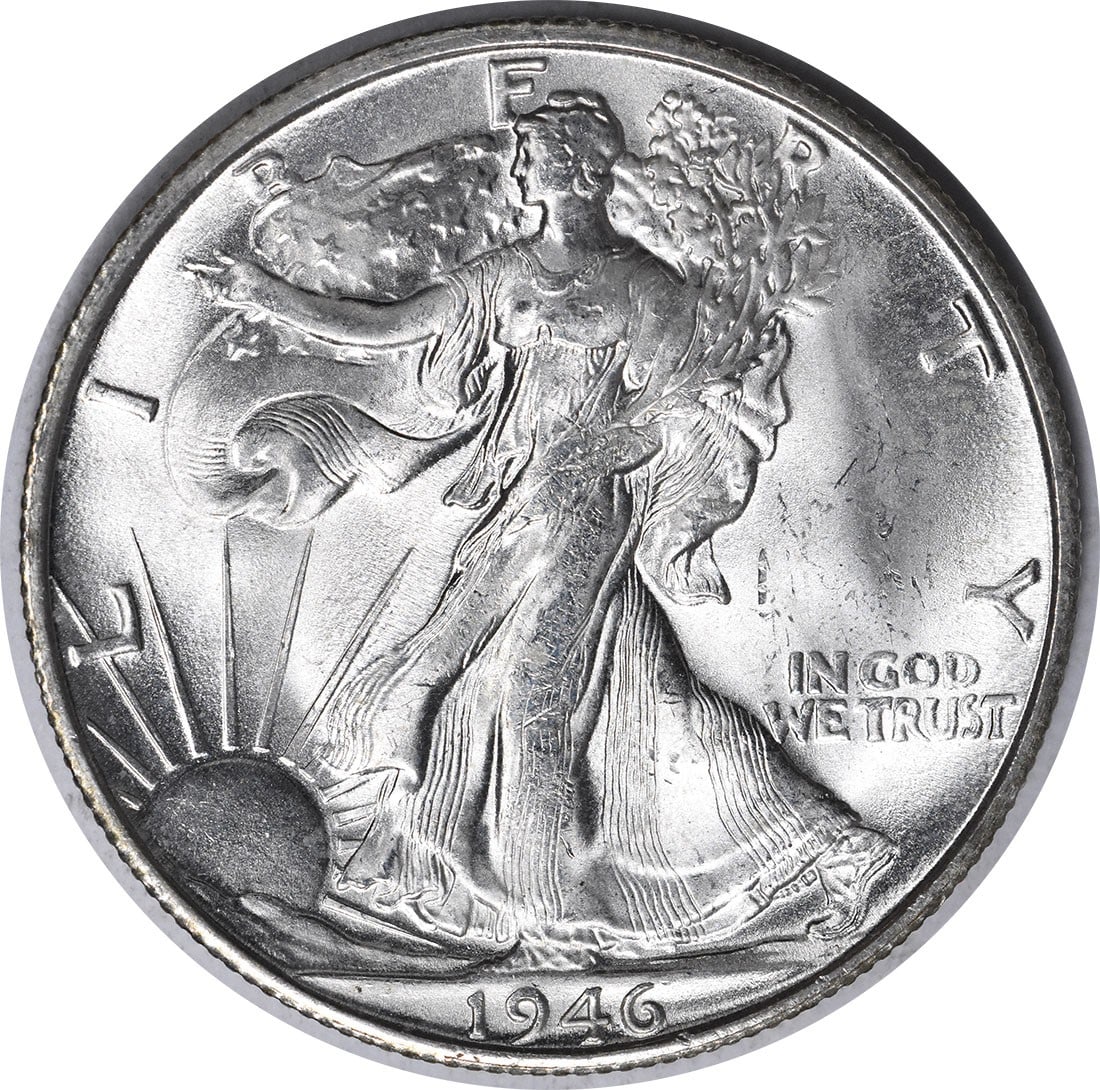 1946 S Walking Liberty Half Dollar RPM1 Silver Choice BU+: 1946 S Walking Liberty Half Dollar RPM1 Silver Choice BU+ This 1946-S/S Walking Liberty Silver Half Dollar is an uncirculated example graded as Choice BU+. It features the iconic Walking Liberty desig